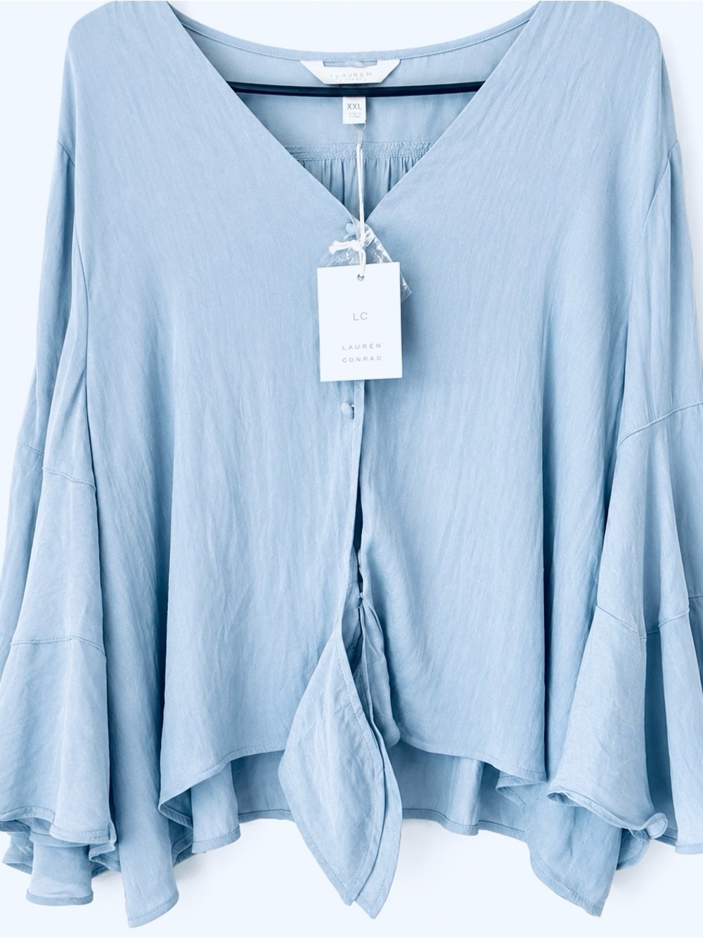 NWT LC Lauren Conrad Point Blue Bell Sleeve Tie Front Blouse XXL